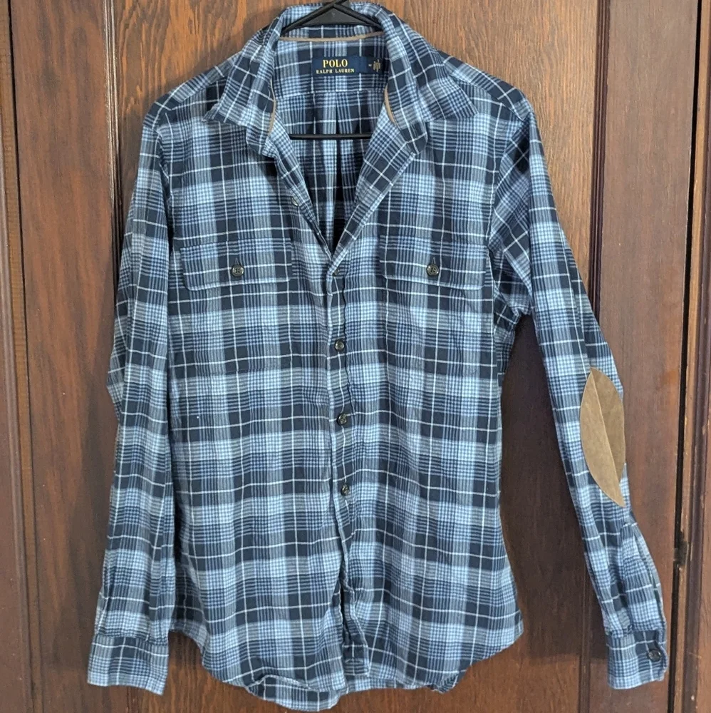 Polo Ralph Lauren Blue Plaid with Brown Elbows Long Sleeve Button Down Shirt Med